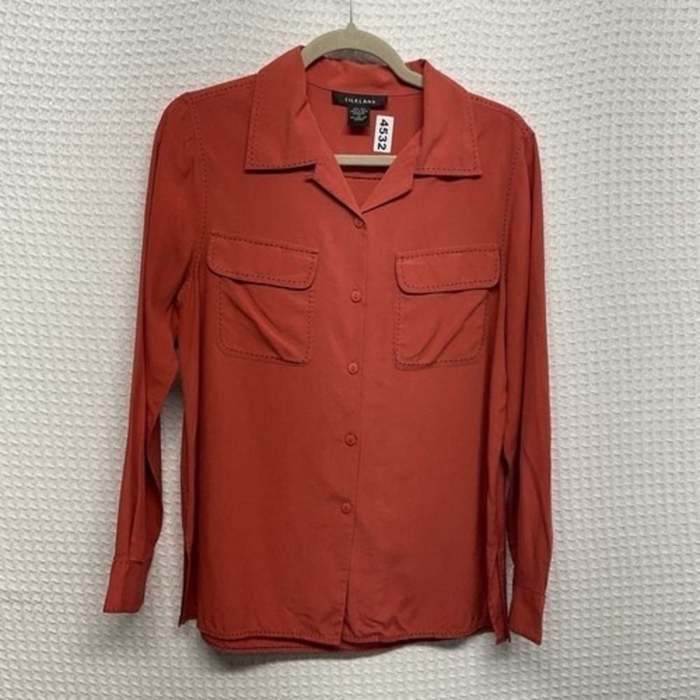 VTG SilkLand Coral Pockets Long Sleeve Button Up Shirt Blouse Women Medium China